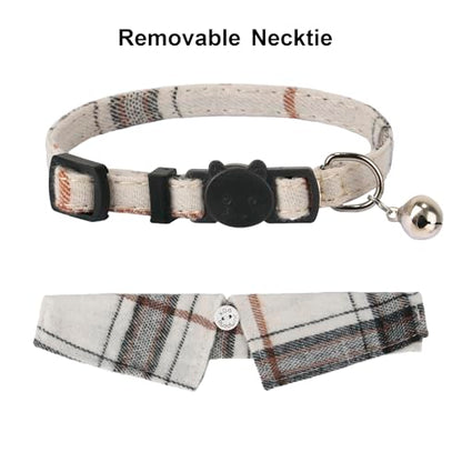 ADOGGYGO Cat Collar Breakaway with Bowtie Bell, Removable Shirt Collar, 2 Pack Beige Blue Plaid Collars for Cat Kitten - color: Beige&Blue-3