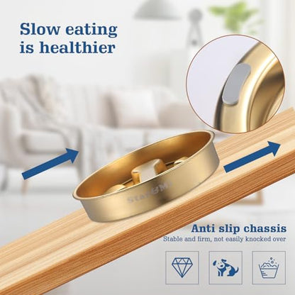 Golden Stainless Steel Slow Feeder Dog Bowls – Non-Slip Metal Dog Bowl for Large & Medium Breeds, Puppy Puzzle Feeder – 2 Cup Capacity for Small to Big Pets – Durable Slow Feed Dog & Cat Food Dish - color: Bone&Heart-Golden