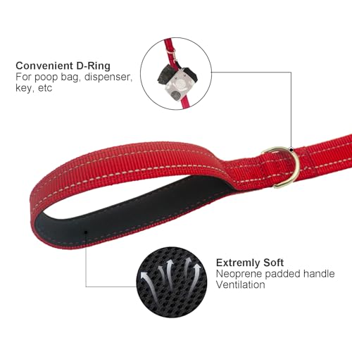 Dual Padded Handle Standard Dog Leashes with Reflective Stitching,360° Rotatable Heavy Duty Metal Buckle,D-Ring,Durable Nylon,for Medium Sized Dogs from 20 to 60 Pounds Walking and Training Red, 5Ft - color: Red, size: 5Ft