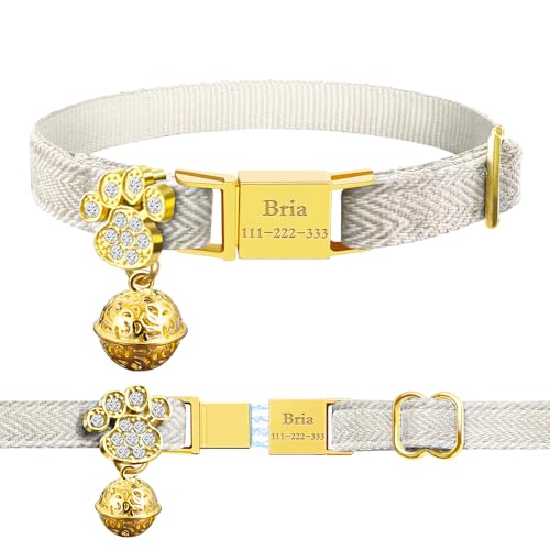 Personalized Breakaway Cat Collars - Magnetic Buckle, Bell - Safety Quick Release, Customized for Girls & Boys Cats- (Herringbone-Oatmeal) - color: Herringbone-Oatmeal