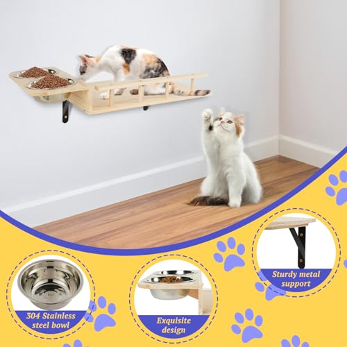 TIMIEEYA Cat Wall Shelves - Stable & Safe 5 in 1 Cat Walls Furniture Set, Wooden Kitten Climbing Wall with Bridge Ladder & Wall Steps - style: 5pcs with Bowl