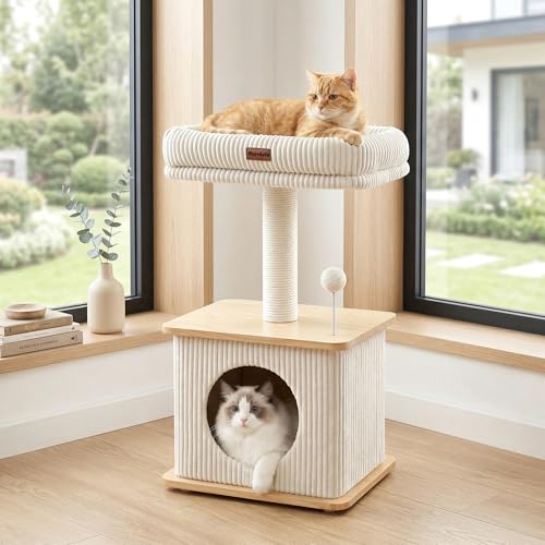 Modern Cat Tree for Indoor Cats, Nordic Loft Style, Cat Tower for Kitten with Sisal Scratching Posts, Soft Padded Beds & Cozy Condos, Floor-Mounted for Kittens & Adult Cats - color: Ash White, size: Standard
