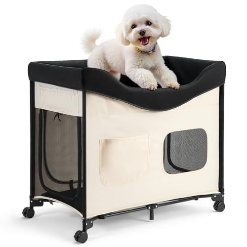 VEVOR Bedside Lounge Pet Bed, Foldable Bunk Dog Bed with 600D Oxford Cloth and Dutch Velvet, Portable Raised Cot with Wheels, Side Storage Bags, and Carry Bag for Cats & Dogs, L, Beige - size: L