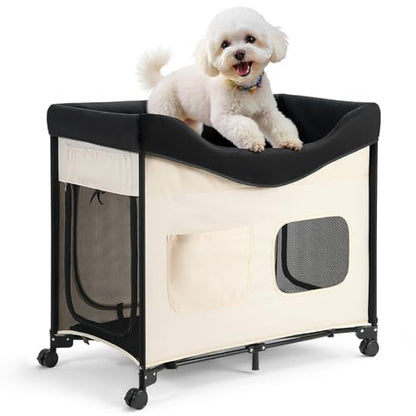 VEVOR Bedside Lounge Pet Bed, Foldable Bunk Dog Bed with 600D Oxford Cloth and Dutch Velvet, Portable Raised Cot with Wheels, Side Storage Bags, and Carry Bag for Cats & Dogs, L, Beige - size: L