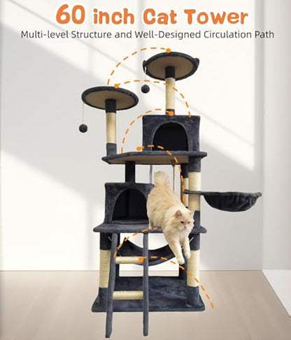 Cat Tree 60.63 inches Cat Tower for Indoor Cats, Multi-Level Cat Condo Furniture with Scratching Posts, Plush Perches, Activity Center with Cozy Basket & Hammock for Cats (Darkgray) - color: DarkGray