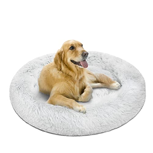 Friends Forever Donut Dog Bed Faux Fur Fluffy Calming Sofa For Large Dogs, Soft & Plush Anti Anxiety Pet Couch For Dogs, Machine Washable Coco Pet Bed with Non-Slip Bottom, 36"x36"x8" Ivory - color: Ivory, size: Large (36"x36"x8"), style: Donut