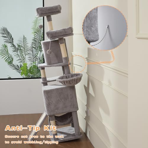 Letkind Cat Tree, 70-Inch Cat Tree Tower with Hammock, Scratching Post, Condo and Multi-Level Cat Tower, Large Cat Activity Center Playhouse, Light Gray LCT015 - color: Light Grey
