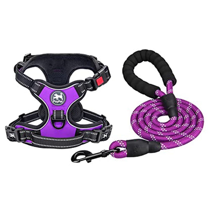 PoyPet Dog Harness and Leash Combo, Escape Proof No Pull Vest Harness, with 5 Feet Leash, Reflective Adjustable Soft Padded Pet Harness with Handle for Small to Large Dogs(Purple,M) - color: Purple, size: Medium