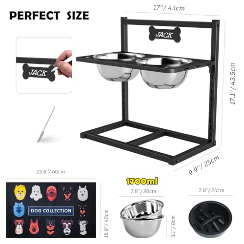 ADENGL 9 Height Adjustable Dog Bowl Stand with Two 1.7L Stainless Steel, Slow Feeder Bowls and Nonslip Pad, Perfect for Medium and Large Dogs - color: Black, Slow Feeder with Dog Group Mat, size: Large Dogs
