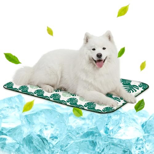 NWK Pack of 4 Pet Cooling Mat for Large Dogs -Q-Max>0.345 Ice Silk Cooling Mat for Dogs & Cats Portable & Washable Pet Cooling Blanket for Summer (4pcs, Green Leaf, 39'' X 27'' X 0.3'') - color: Green Leaf, size: Large (39'' X 27'' X 0.3'')