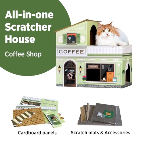 SMILE PAWS Cat Beds for Indoor Cats, Cardboard Cat House with Scratchers, Coffee Shop, Large Sturdy Cat Furniture Condo Cave Tent, Easy to Assemble Pet Toys Accessories Stuffs, Bunny Small Animals - style: Coffee Shop