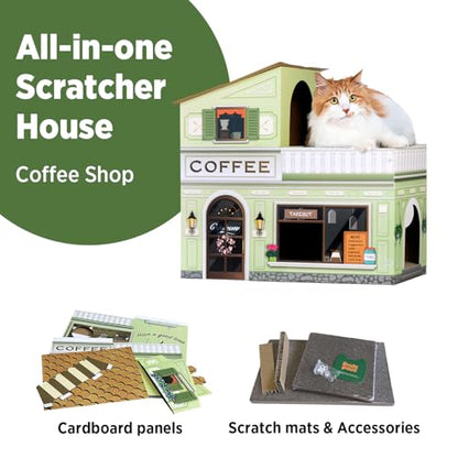 SMILE PAWS Cat Beds for Indoor Cats, Cardboard Cat House with Scratchers, Coffee Shop, Large Sturdy Cat Furniture Condo Cave Tent, Easy to Assemble Pet Toys Accessories Stuffs, Bunny Small Animals - style: Coffee Shop
