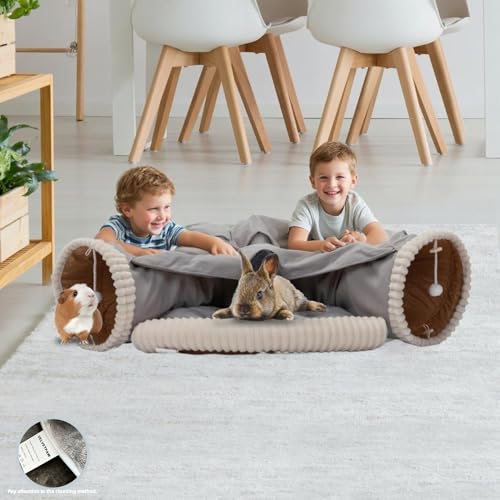 VelvetPaw Gray 2-in-1 Collapsible Rabbit Tunnel Bed | Removable Washable Pet Cushion | Cozy Hideout & Play Toy for Rabbits, Bunnies & Kittens - Indoor Rest, Exercise & Entertainment - color: Gray