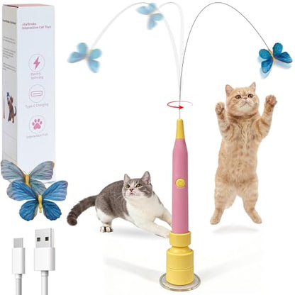 Interactive Cat Toys for Indoor Cats, Automatic Cat Wand Toy Enrichment for Bored Kitten, Spin Butterfly with Self-Holding Suction Base, Rechargeable Electric Moving Feather Stimulating Toy