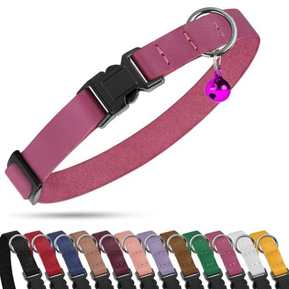 Breakaway Cat Collar with Bell - Leather Adjustable Kitten Collars with Safety Quick Release Buckle - Soft Small Pet Collars for Girl & Boy Cats (Pink) - color: Pink