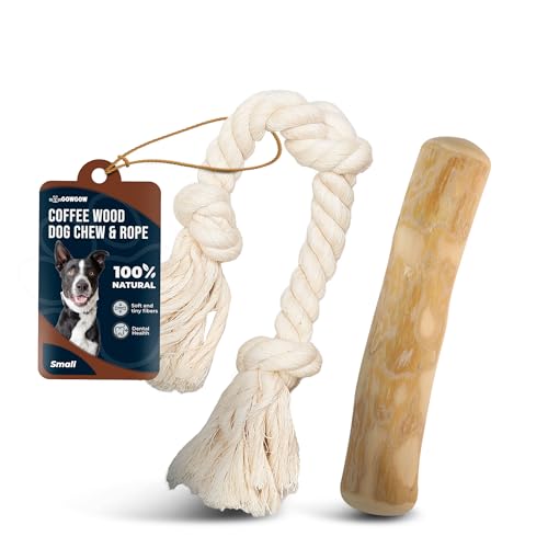 Coffee Wood Dog Chews 7.5" & Dog Rope Toys 100% Natural for Teething, Stress Relief, Dental Health, Organic Toys - Size S - size: Small