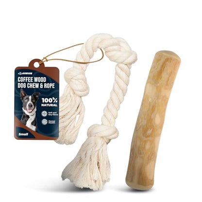 Coffee Wood Dog Chews 7.5" & Dog Rope Toys 100% Natural for Teething, Stress Relief, Dental Health, Organic Toys - Size S - size: Small