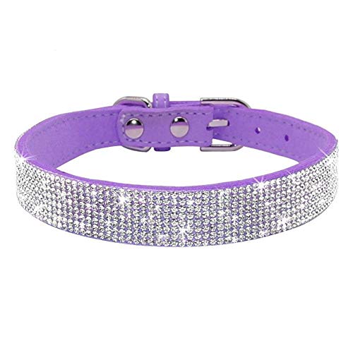Rhinestone Dog Collar, Cute Dazzling Sparkling Soft Suede Leather Adjustable Pet Dog Cat Collar Crystal Diamond for Puppy Small Medium Large Dogs (XXS:15-21 cm, Purple) - color: Purple, size: XXS:15 - 21 cm