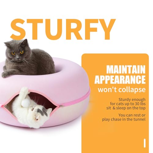 Peekaboo Cat Tunnel for Large Cats up to 30 lbs, Features A Jingle Ball, Removable and Washable Tunnel Bed, and a Cozy Donut Tunnel (Pink, 24 Inches) - color: Pink