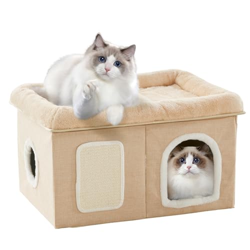 WINDRACING Cat Beds for Indoor Cats - Extra Wide Cat House for Pet and Foldable Cat Cave Bed with Scratch Pad, Cat Hideaway Condo for Kitten, 24.4x16.9x14.2 inches, Beige - color: Beige, size: 24.4x16.9x14.2