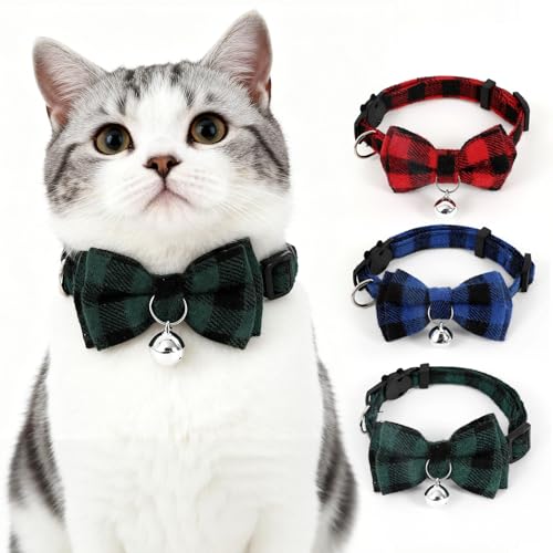 Plaid Breakaway Cat Collar with Bell & Removable Bow Tie – Cotton Kitten Collar with Bells for Boy Cats or Small Dogs. Adjustable Size 7.5-12.2in (1, Green) - color: Green