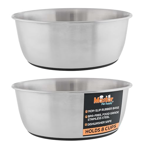 Master Pet Supply Stainless Steel Dog Bowls Set of 2 (64 Oz Each) with Non-Slip Rubber Base - Stainless Steel - Basic Dog Food Bowl Water & Food Bowls for Small Medium Large Dogs & Cats, Metal Dish - color: Stainless Steel, size: 8 Cups (64 oz) 2 Pack