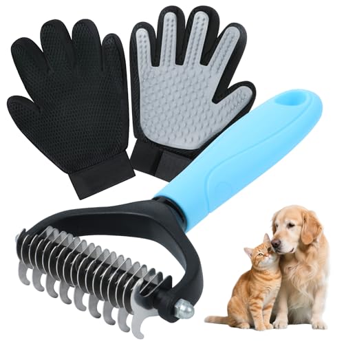 Cat & Dog Grooming Gloves for Shedding Brushes 1 Pair and Pet Grooming Rake 1PC, Double Sided Dematting, Deshedding Brush & Massage, Safe for Dogs & Cats - color: Grey Blue Pet Grooming Gloves and Rake