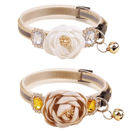 2 Pack Cat Collar Pink Floral with Bell and Removable Flower Bowtie Breakaway Adjustable Cat Collar for Girl Kitten Puppy Small Cats Dogs Daily Decoration (XQ9-4) (XQ9-4) - color: XQ9-4