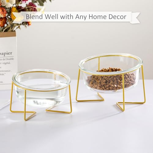 Large Glass Tilted Elevated Cat Dog Bowl Raised Cat Food Water Bowl Dish Pet Comfort Feeding Bowls with Gold Iron Stand - color: Glass, size: Large