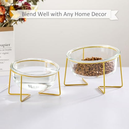 Large Glass Tilted Elevated Cat Dog Bowl Raised Cat Food Water Bowl Dish Pet Comfort Feeding Bowls with Gold Iron Stand - color: Glass, size: Large