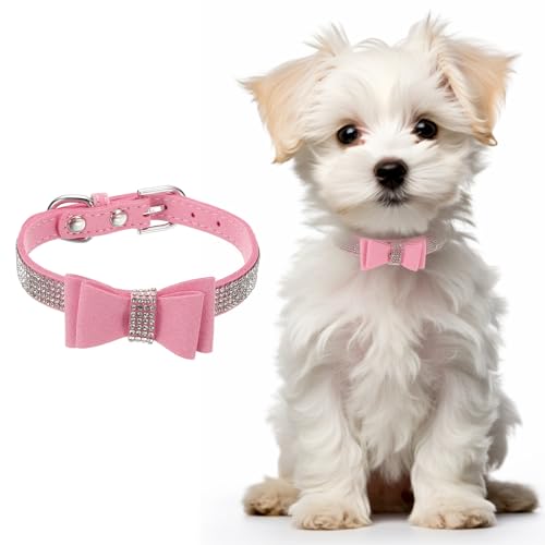 Cute Dog Collar with Bling Rhinestone, Bling Dog Collar Adjustable Leather Diamond Sparkling Jewel Accessories 15", (Pink), Intended for Teacup/Cat/Small Medium Large Pet - color: Pink, size: 15 Inch