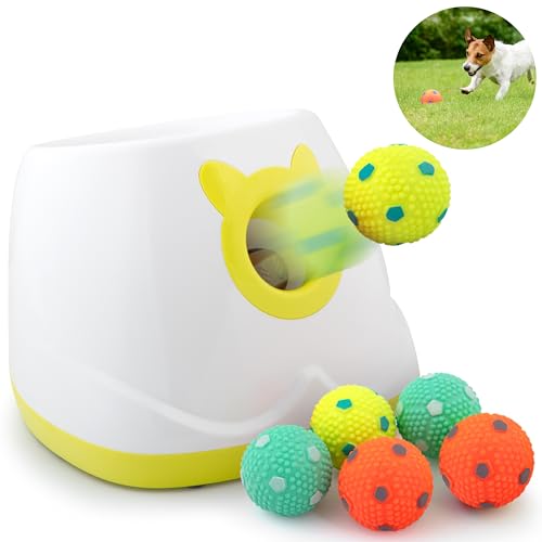 Automatic Dog Ball Launcher - Dog Ball Fetch Machine, Ball Thrower for Dogs, for Small to Medium Sized Dogs, Interactive Dog Toy with 6 Latex Balls, Plug-in & Battery Options - 4 Launch Distances