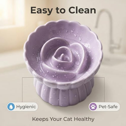 Ceramic Cat Slow Feeder, Raised Slow Feeder Cat Bowl, Anti Vomiting and Whisker Friendly Kitty Dish, Elevated Puppy Kitten Food Bowl for Dry and Wet Food (Purple) - color: Purple