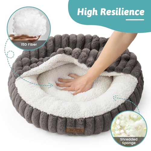 Cat Bed with Hooded Blanket, Round Fluffy Anti-Anxiety Pet Bed for Cats/Toy Breed Dogs, Cozy Donut Cuddler with Machine Washable Faux Fur & Anti-Slip Bottom(20"×20"×6",Grey) - color: Grey, size: 20"×20"×6"