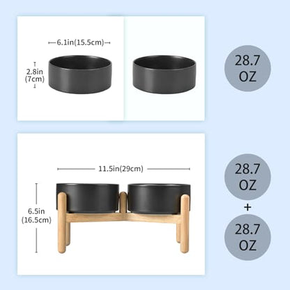 SPUNKYJUNKY Ceramics Raised Dog Bowls with Wooden Stand - Elevated Dog Feeding Set (Double 28.7OZ, Black) - color: Black(Double Bowls Set), size: Medium - 3.6 CUPS