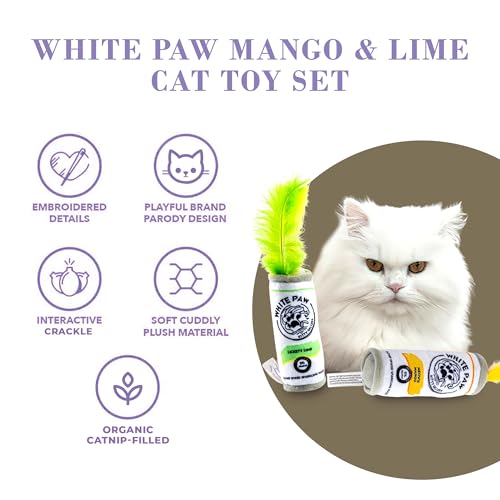 Haute Diggity Kitty White Paw Mango & Lime Set, Plush Cat Toys Catnip Filled with Interactive Crackle Sound, Safe & Durable Toys for Cat & Kitten, 2 Pcs - style: White Paw Mango & Lime