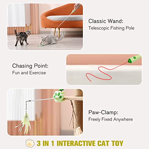 BEBOBLY 3-in-1 Retractable Cat Wand Toy for Indoor Cats Interactive Cat Feather Toys - color: Green