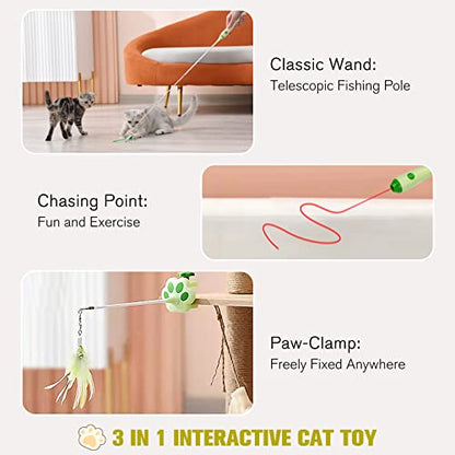 BEBOBLY 3-in-1 Retractable Cat Wand Toy for Indoor Cats Interactive Cat Feather Toys - color: Green