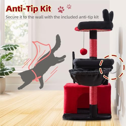 Taoqimiao MS043BR Cat Tree, 32.2-Inch Cat Tower for Indoors Cats, Cat Condo with Large Cat Perch, Spacious Cat Cave, Scratching Posts for Small and Medium Cats, Black and Red - color: Gothic