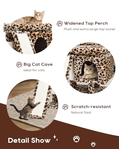 SYANDLVY Small Leopard Print Cat Tree with Perch for Indoor Cats, Cat Tower with Scratching Post, Modern Activity House for Large Cats, Condo with Board, Kittens Cave - color: Leopard Print