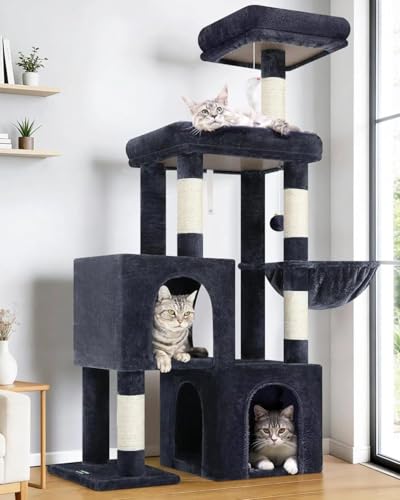 Globlazer Cat Tree Condo Tower for Multiple Indoor Cats, 52in Multi-Level Cat Scratching Tree with 2 Cat Condos, 5 Sisal Scratching Posts, 2 Padded Perches, Big Basket, Widened Base, S52, Dark Grey - color: Dark Grey