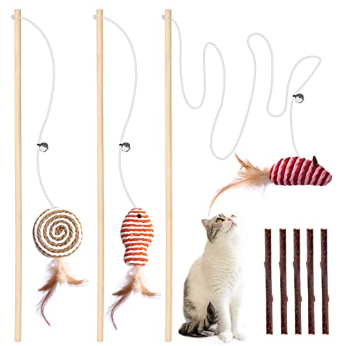 3-Pack Cat Wand Toys, 16-Inch Natural Wooden Teaser Wand with 5 Silvervine Sticks, Interactive Feather Wand for Indoor Cats - color: RedOrangeBrown-3pcs