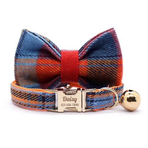 Personalized Plaid Cat Collar with Bell - Non-Breakaway Custom Polyester Kitten Collar with Engraved Name & Phone Number (Pattern 09, L (7.5-12.5 Inches)) - color: Pattern 09, size: L (7.5-12.5 Inches)