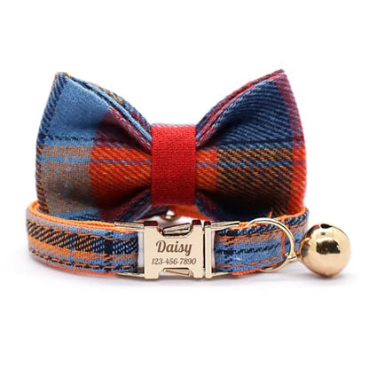 Personalized Plaid Cat Collar with Bell - Non-Breakaway Custom Polyester Kitten Collar with Engraved Name & Phone Number (Pattern 09, L (7.5-12.5 Inches)) - color: Pattern 09, size: L (7.5-12.5 Inches)