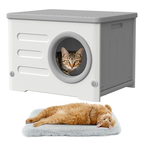 Outdoor Cat House Weatherproof, Insulated Heavy-Duty Plastic Feral Cat Shelter, Elevated Stackable Cat House for All Seasons Indoor Outdoor with Cozy Cushion (Grey and White) - color: Grey and White