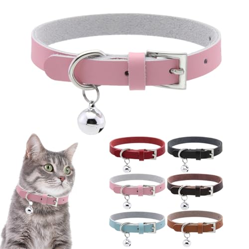 Cat Collar with Bell,Genuine Leather Puppy Collar with Bells Boys Girls Female Small Dog Collar with Bells for XS XSmall Pet Kitten Kitty Animal Yorkie Chihuahua,Pink XS - color: Pink, size: XS(Neck 6.5-9)
