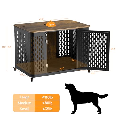 ONBRILL Heavy Duty Dog Crate Furniture for Large and Medium Dogs, 43.7 Inch Large Dog Crate Kennel with Flip Top & Cushion & Wheels, Escape Proof Pet Cage,Wooden Cage Kennel Furniture Indoor - size: 43.7"L x 29.9"W x 31.7"H