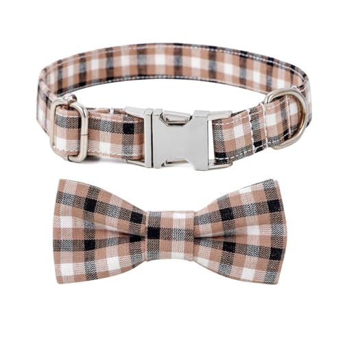 Plaid Dog Collar with Bowtie, Detachable and Adjustable Bow Tie Cat and Dog Collar with Metal Quick Release Buckle Pet Gift for Small Medium Large Dogs (Brown, Medium) - color: Brown, size: Medium