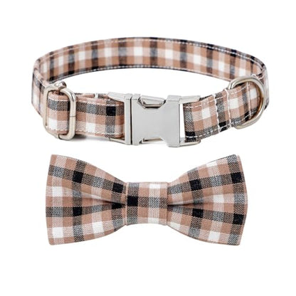 Plaid Dog Collar with Bowtie, Detachable and Adjustable Bow Tie Cat and Dog Collar with Metal Quick Release Buckle Pet Gift for Small Medium Large Dogs (Brown, Large) - color: Brown, size: Large