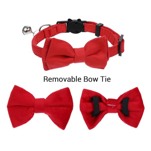 2pcs Red Cat Bowtie Collar, Cat Collar with Bells, Cats Bow Tie, Small Pet Safety Wedding Valentine's Day Basic Pure Color Suede Soft Adjustable 7-13 Inches